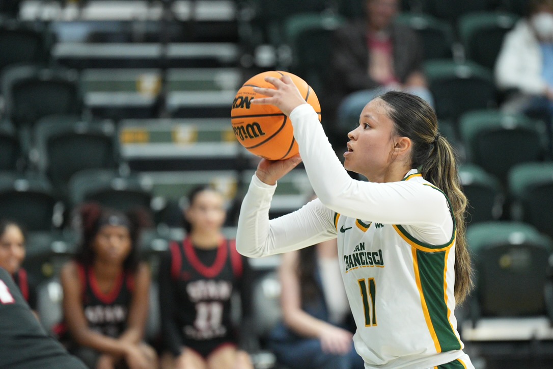 Jasmine Gayles shooting a basketball for University of San Francisco